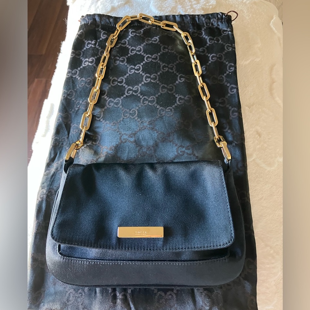 Vintage Gucci Black Satin Bag with Gold Accent